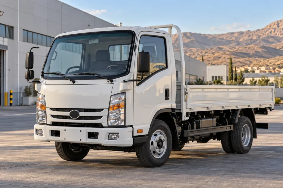 Contextual image of a JAC 1040 S-style commercial truck outside an industrial facility, illustrating truck assembly in Algeria.