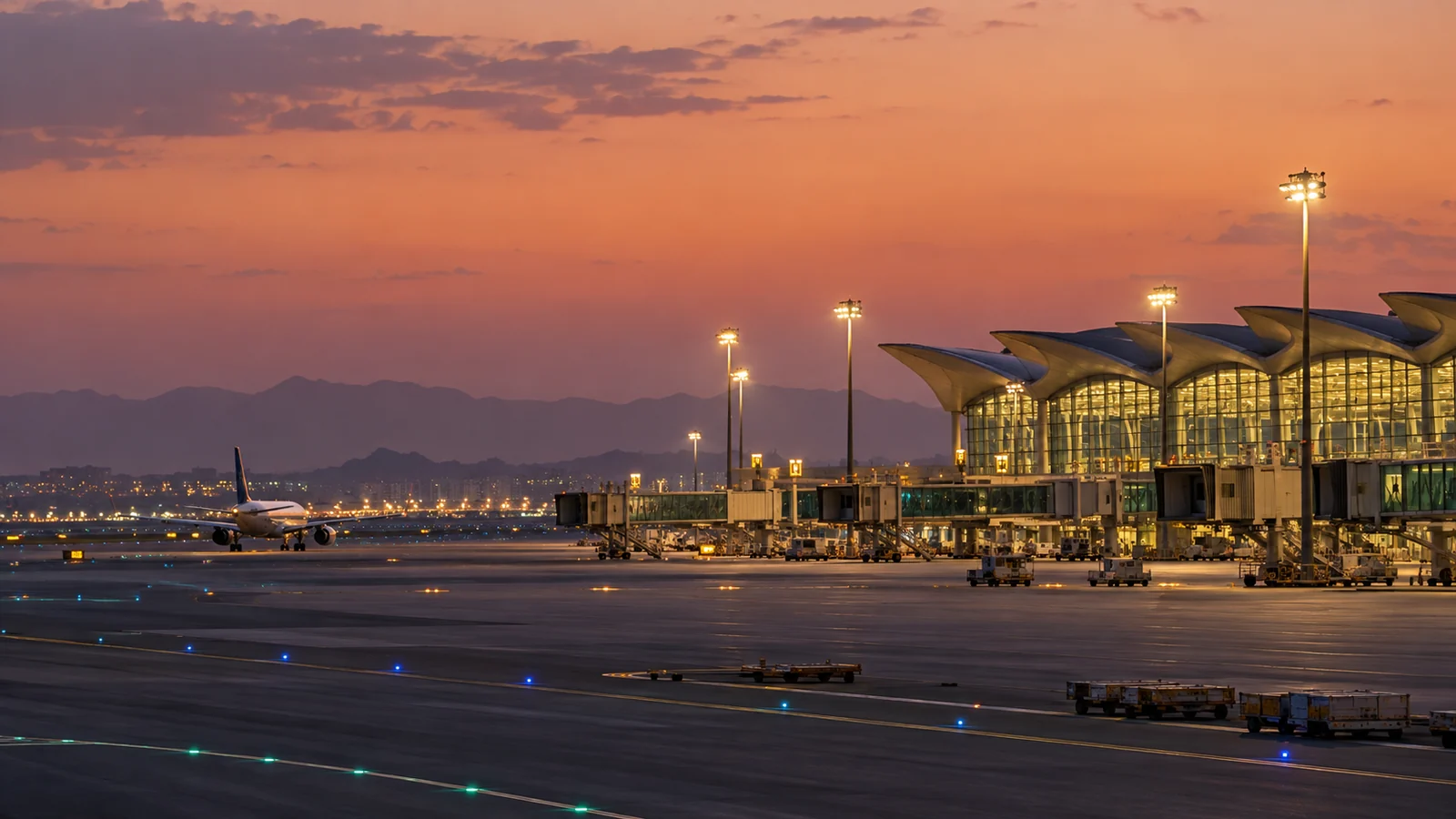 Saudi airport terminal at dusk, illustrating the reported attacks on Abha and King Khalid airports